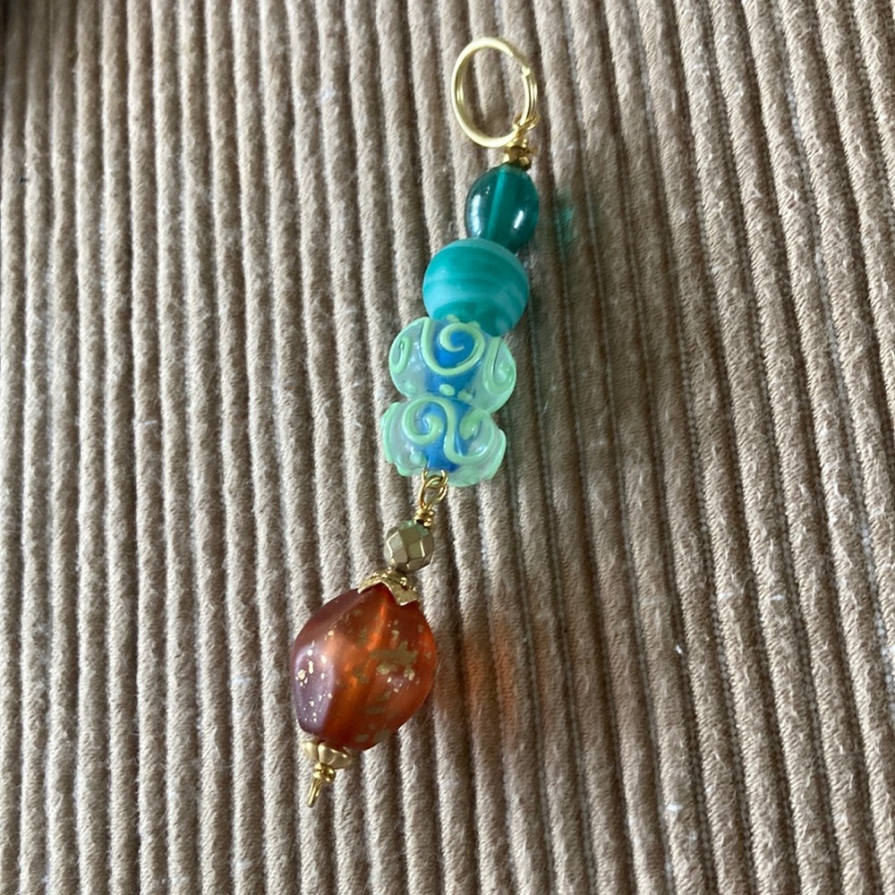 Vintage Bead & Lampwork Glass Key Chain, Purse or Car Mirror Jewelry Green Brown